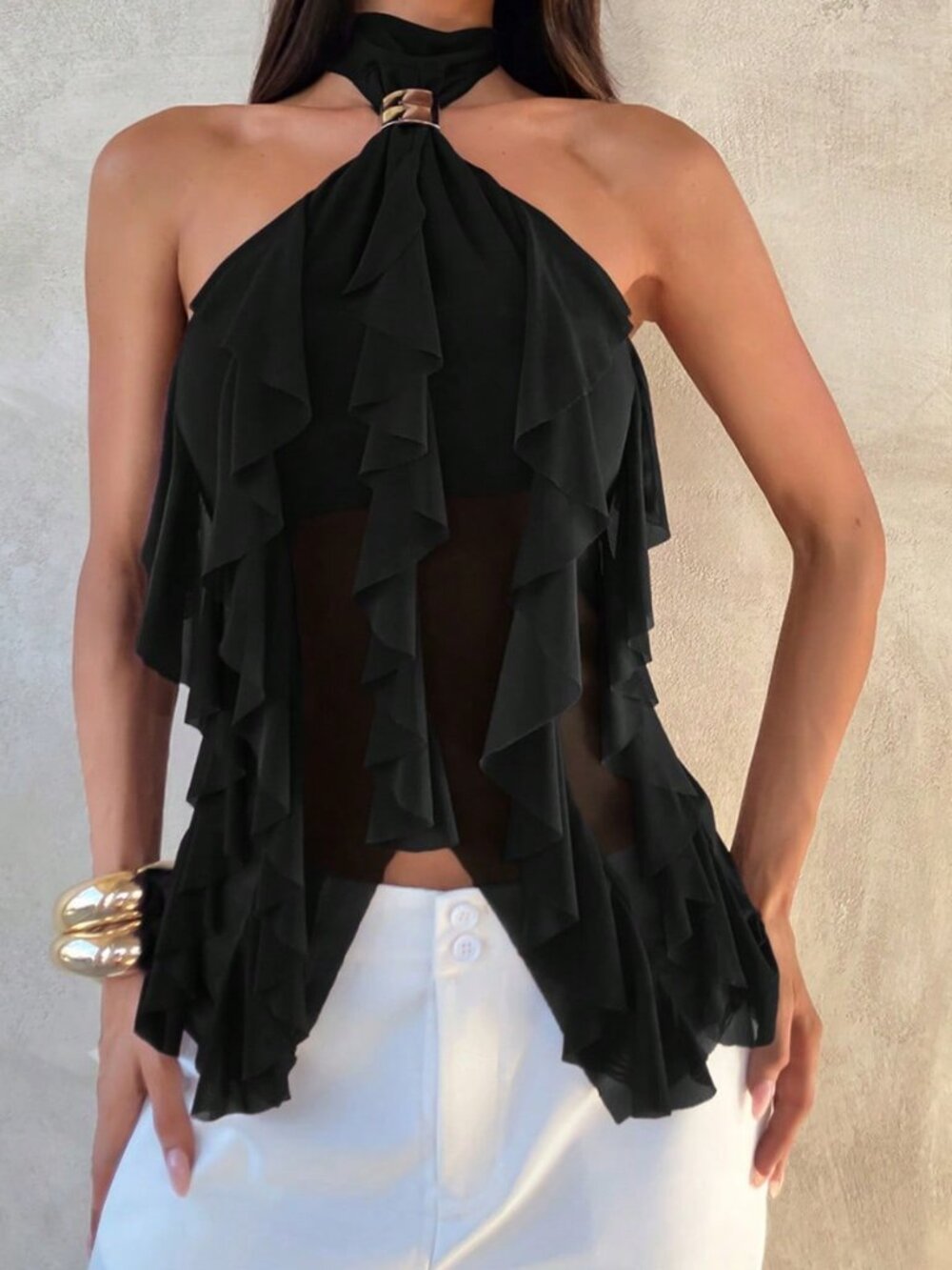 Black Elegant Women's Multi-Layer Ruffle Trim Stand Collar Fitted Tank Top - Picture 3 of 7